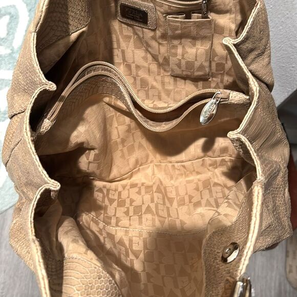 Furla Beige Python Embossed Genuine Leather Shoulder Bag Italy Travel Work Large - Picture 3 of 13